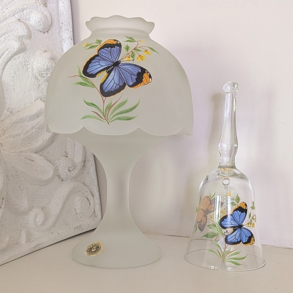 Vintage Westmoreland Glass Hand Painted Butterfly Fairy Lamp and Matching Bell